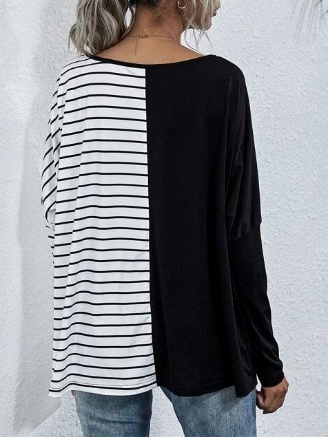 V-neck Long-sleeved Striped Stitching Casual T-shirt - T-shirts - INS | Online Fashion Free Shipping Clothing, Dresses, Tops, Shoes - 20-30 - 20/07/2021 - color-black