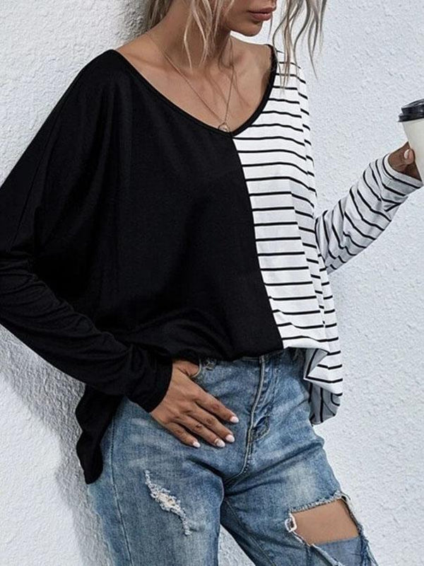 V-neck Long-sleeved Striped Stitching Casual T-shirt - T-shirts - INS | Online Fashion Free Shipping Clothing, Dresses, Tops, Shoes - 20-30 - 20/07/2021 - color-black