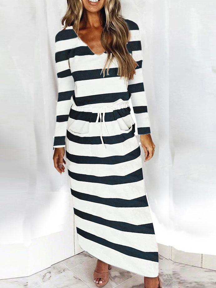 V-neck Loose Striped Print Long-sleeved Dress - Maxi Dresses - INS | Online Fashion Free Shipping Clothing, Dresses, Tops, Shoes - 16/07/2021 - 20-30 - color-black