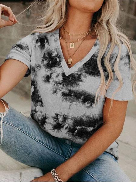 V-neck Loose Tie-dye Short-sleeved T-shirt - T-shirts - INS | Online Fashion Free Shipping Clothing, Dresses, Tops, Shoes - 05/06/2021 - Color_Blue - Color_Gray