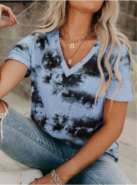 V-neck Loose Tie-dye Short-sleeved T-shirt - T-shirts - INS | Online Fashion Free Shipping Clothing, Dresses, Tops, Shoes - 05/06/2021 - Color_Blue - Color_Gray
