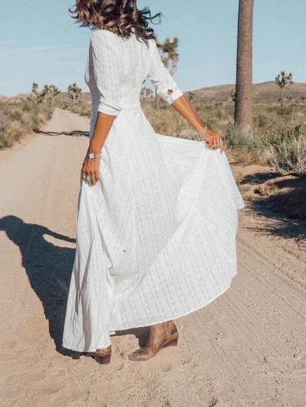 V-neck Mid-sleeve Buttoned Beach Dress - Maxi Dresses - INS | Online Fashion Free Shipping Clothing, Dresses, Tops, Shoes - 05/06/2021 - Color_White - DRE2106050106