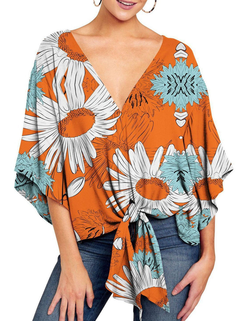 V-neck Mid-sleeve Knotted Print Top - Blouses - INS | Online Fashion Free Shipping Clothing, Dresses, Tops, Shoes - 08/06/2021 - BLO2106080050 - Blouses