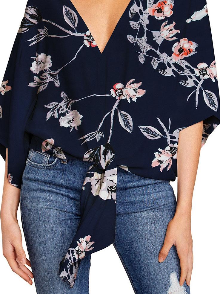 V-neck Mid-sleeve Knotted Print Top - Blouses - INS | Online Fashion Free Shipping Clothing, Dresses, Tops, Shoes - 08/06/2021 - BLO2106080050 - Blouses