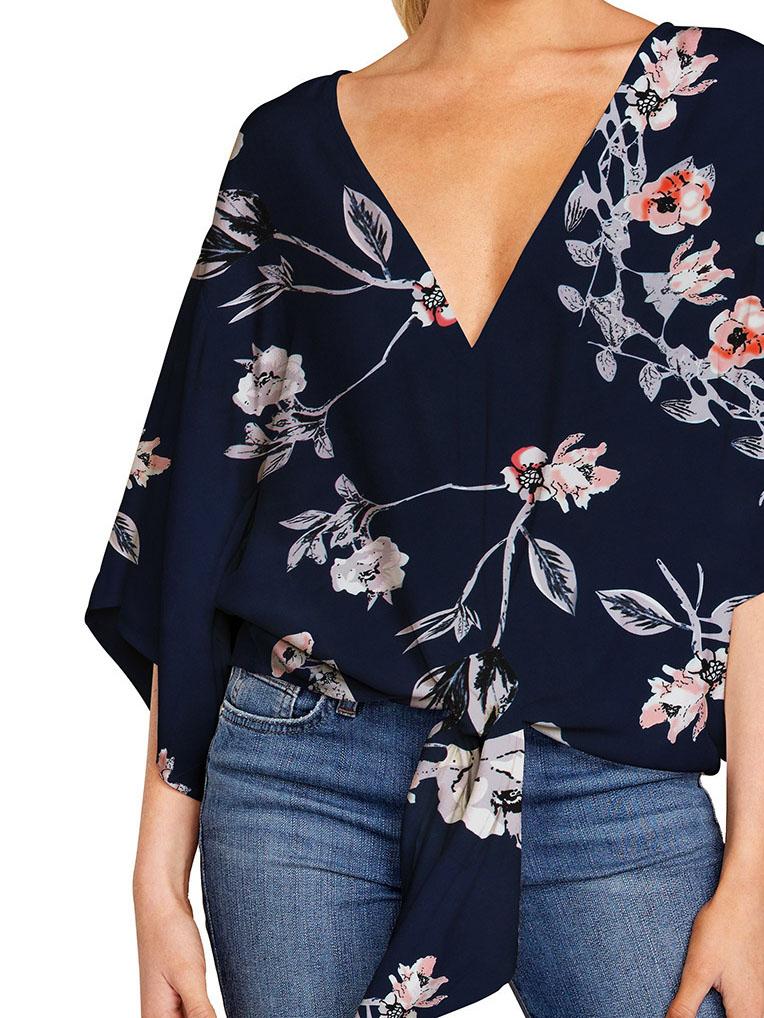 V-neck Mid-sleeve Knotted Print Top - Blouses - INS | Online Fashion Free Shipping Clothing, Dresses, Tops, Shoes - 08/06/2021 - BLO2106080050 - Blouses