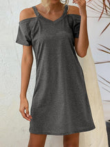 V Neck Off-Shoulder Short Sleeve Loose Dress - Midi Dresses - INS | Online Fashion Free Shipping Clothing, Dresses, Tops, Shoes - 13/04/2021 - Casual - Color_Gray