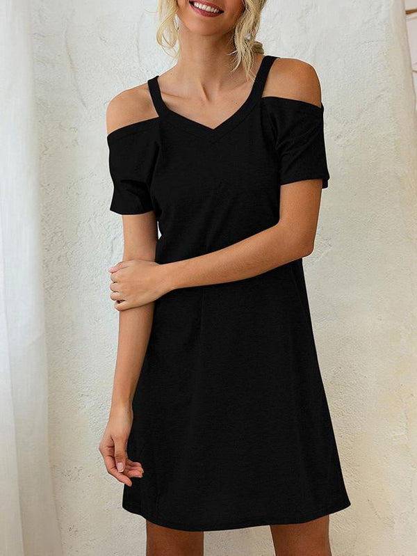 V-Neck Off The Shoulder Short Sleeve Loose Dress - Mini Dresses - INS | Online Fashion Free Shipping Clothing, Dresses, Tops, Shoes - 10-20 - 21/07/2021 - Category_Mini Dresses