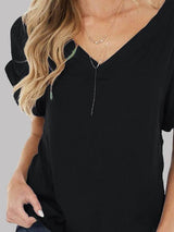 V-neck Open Back Solid Color Short Sleeve T-shirt - T-Shirts - INS | Online Fashion Free Shipping Clothing, Dresses, Tops, Shoes - 07/06/2021 - Category_T-Shirts - Color_Black
