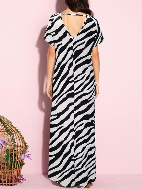 V-neck Open Back Zebra Printed Dress - Maxi Dresses - INS | Online Fashion Free Shipping Clothing, Dresses, Tops, Shoes - 20-30 - 21/06/2021 - color-black