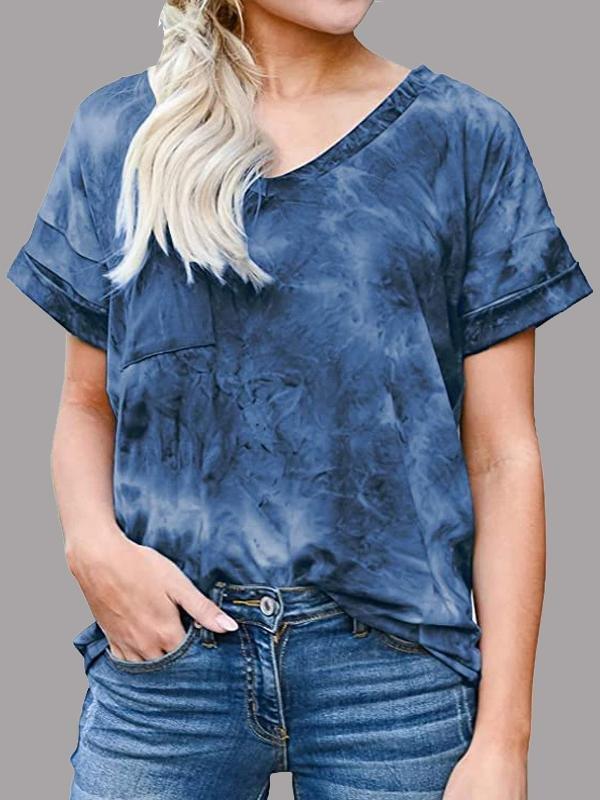 V-neck Pocket Rolled Short-sleeved Loose Top - T-shirts - INS | Online Fashion Free Shipping Clothing, Dresses, Tops, Shoes - 10/06/2021 - Color_Blue - Color_Gray