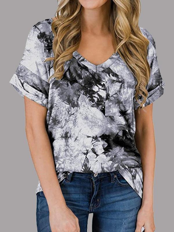 V-neck Pocket Rolled Short-sleeved Loose Top - T-shirts - INS | Online Fashion Free Shipping Clothing, Dresses, Tops, Shoes - 10/06/2021 - Color_Blue - Color_Gray