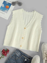 V Neck Pointelle Knit Scalloped Cardigan Vest - INS | Online Fashion Free Shipping Clothing, Dresses, Tops, Shoes