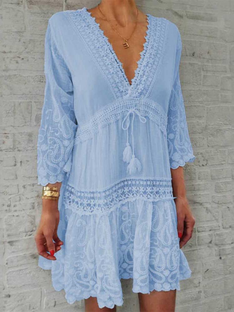 V-neck Print 3/4 Sleeve Hollow Dress - Mini Dresses - INS | Online Fashion Free Shipping Clothing, Dresses, Tops, Shoes - 16/07/2021 - 30-40 - color-blue