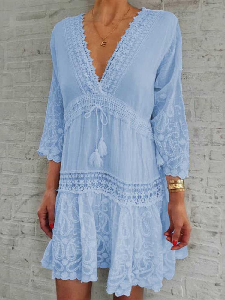 V-neck Print 3/4 Sleeve Hollow Dress - Mini Dresses - INS | Online Fashion Free Shipping Clothing, Dresses, Tops, Shoes - 16/07/2021 - 30-40 - color-blue