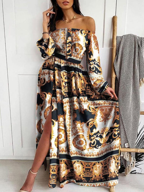 V-neck Print Long-sleeved Split Hem Dress - Maxi Dresses - INS | Online Fashion Free Shipping Clothing, Dresses, Tops, Shoes - 21/06/2021 - 30-40 - color-blue