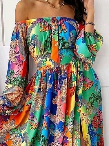 V-neck Print Long-sleeved Split Hem Dress - Maxi Dresses - INS | Online Fashion Free Shipping Clothing, Dresses, Tops, Shoes - 21/06/2021 - 30-40 - color-blue