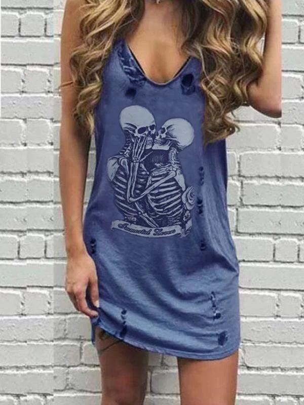 V-neck Print Ripped Vest Dress - Mini Dresses - INS | Online Fashion Free Shipping Clothing, Dresses, Tops, Shoes - 12/07/2021 - 20-30 - color-blue