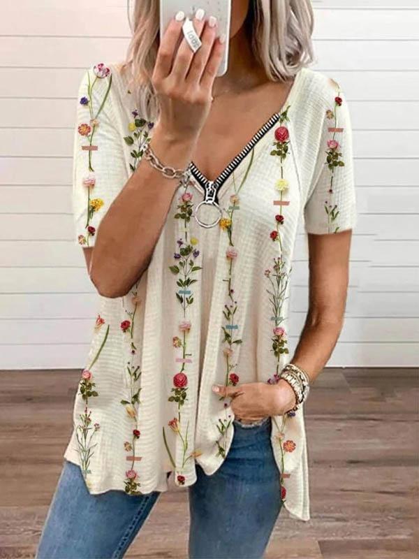 V-neck Print Short-sleeved T-shirts - T-shirts - INS | Online Fashion Free Shipping Clothing, Dresses, Tops, Shoes - 03/06/2021 - Color_Apricot - Color_Green