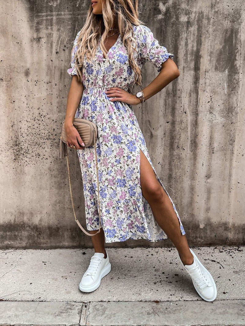 V-neck Print Split Long Dress - Maxi Dresses - INS | Online Fashion Free Shipping Clothing, Dresses, Tops, Shoes - 20-30 - 28/06/2021 - color-blue