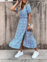 V-neck Print Split Long Dress - Maxi Dresses - INS | Online Fashion Free Shipping Clothing, Dresses, Tops, Shoes - 20-30 - 28/06/2021 - color-blue