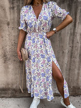 V-neck Print Split Long Dress - Maxi Dresses - INS | Online Fashion Free Shipping Clothing, Dresses, Tops, Shoes - 20-30 - 28/06/2021 - color-blue