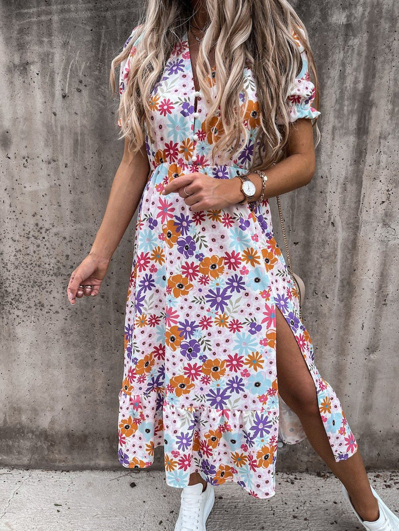 V-neck Print Split Long Dress - Maxi Dresses - INS | Online Fashion Free Shipping Clothing, Dresses, Tops, Shoes - 20-30 - 28/06/2021 - color-blue