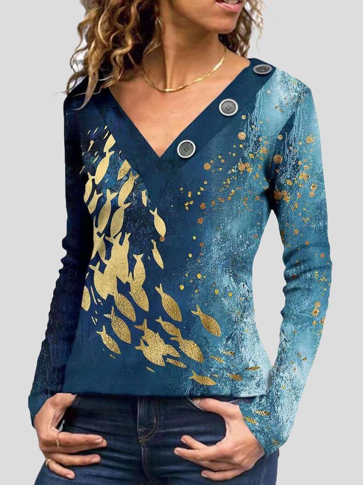 V-Neck Printed Button-Decorated Long Sleeve T-Shirt - T-Shirts - INS | Online Fashion Free Shipping Clothing, Dresses, Tops, Shoes - 10-20 - 30/07/2021 - Category_T-Shirts