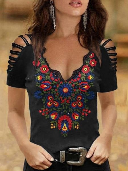 V-neck Printed Cut Out T-shirt - T-shirts - INS | Online Fashion Free Shipping Clothing, Dresses, Tops, Shoes - 18/06/2021 - 20-30 - color-black