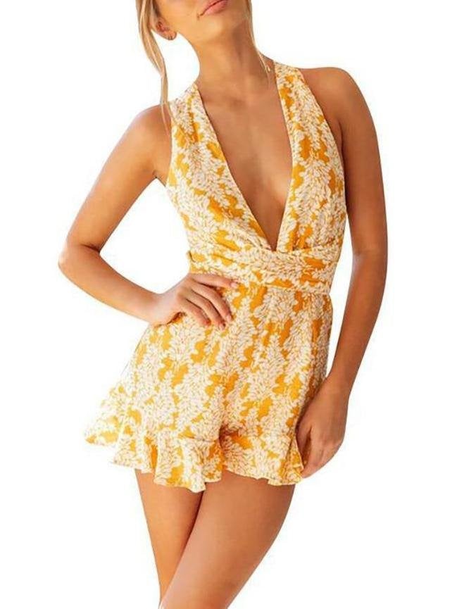 V-neck Printed Halter Beach Jumpsuit - Romper & Jumpsuits - INS | Online Fashion Free Shipping Clothing, Dresses, Tops, Shoes - 14/05/2021 - 140521 - Color_Yellow