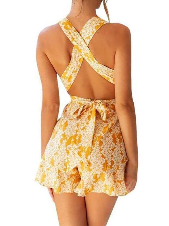 V-neck Printed Halter Beach Jumpsuit - Romper & Jumpsuits - INS | Online Fashion Free Shipping Clothing, Dresses, Tops, Shoes - 14/05/2021 - 140521 - Color_Yellow