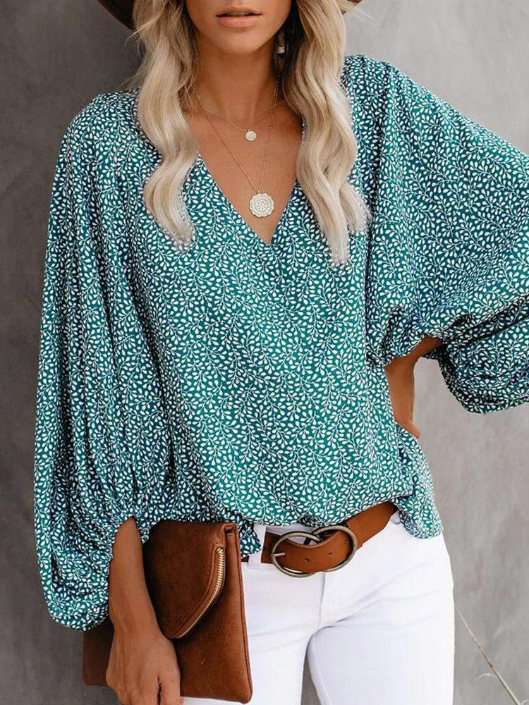 V-Neck Printed Lantern Sleeves Blouses - Blouses - INS | Online Fashion Free Shipping Clothing, Dresses, Tops, Shoes - 20-30 - 23/07/2021 - BLO2107231257