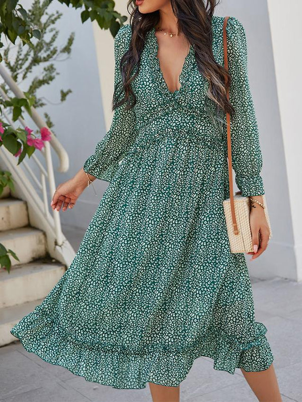 V-neck Printed Long Sleeve Midi Dress - Midi Dresses - INS | Online Fashion Free Shipping Clothing, Dresses, Tops, Shoes - 24/05/2021 - Category_Midi Dresses - Color_Blue