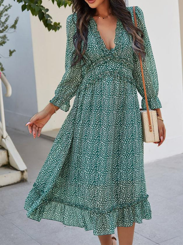 V-neck Printed Long Sleeve Midi Dress - Midi Dresses - INS | Online Fashion Free Shipping Clothing, Dresses, Tops, Shoes - 24/05/2021 - Category_Midi Dresses - Color_Blue