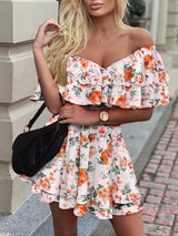 V-neck Printed Off-the-shoulder Ruffle Dress - Mini Dresses - INS | Online Fashion Free Shipping Clothing, Dresses, Tops, Shoes - 17/06/2021 - 30-40 - color-black