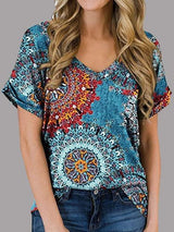V-neck Printed Rolled-up Sleeve Casual T-shirt - T-shirts - INS | Online Fashion Free Shipping Clothing, Dresses, Tops, Shoes - 10/06/2021 - Color_Blue - Color_Orange