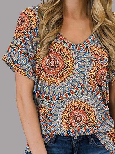 V-neck Printed Rolled-up Sleeve Casual T-shirt - T-shirts - INS | Online Fashion Free Shipping Clothing, Dresses, Tops, Shoes - 10/06/2021 - Color_Blue - Color_Orange
