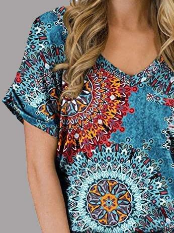 V-neck Printed Rolled-up Sleeve Casual T-shirt - T-shirts - INS | Online Fashion Free Shipping Clothing, Dresses, Tops, Shoes - 10/06/2021 - Color_Blue - Color_Orange