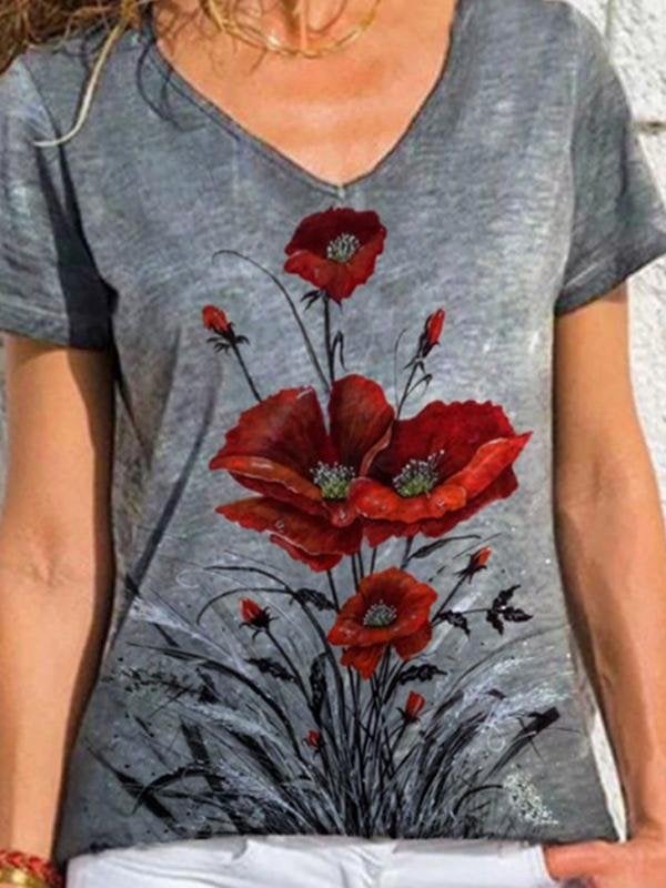 V Neck Printed Short Sleeve T-shirt - T-Shirts - INS | Online Fashion Free Shipping Clothing, Dresses, Tops, Shoes - 24/05/2021 - Category_T-Shirts - Color_Blue