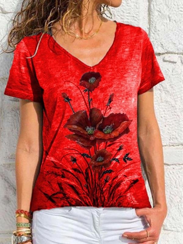 V Neck Printed Short Sleeve T-shirt - T-Shirts - INS | Online Fashion Free Shipping Clothing, Dresses, Tops, Shoes - 24/05/2021 - Category_T-Shirts - Color_Blue