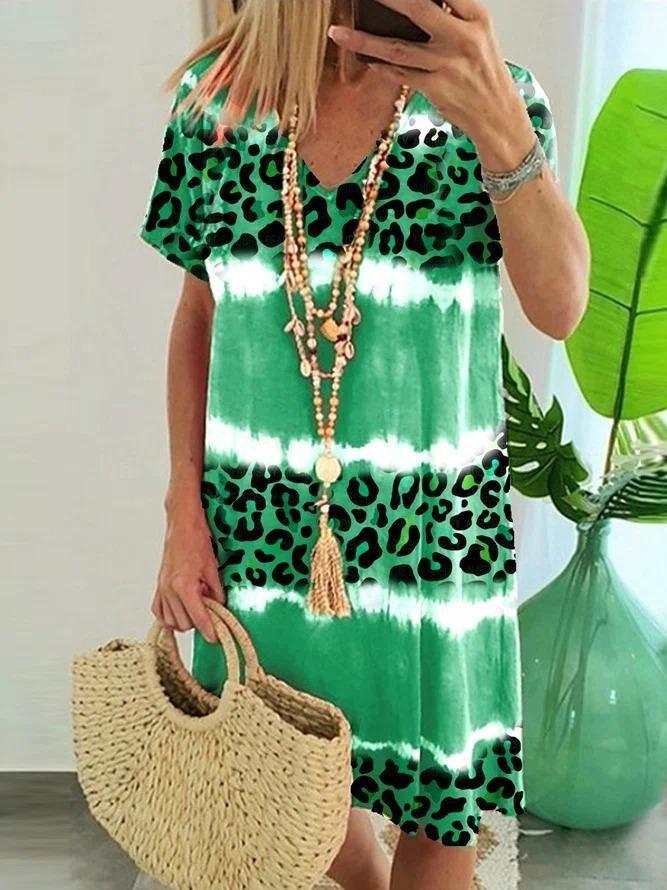V-neck Printed Short-sleeved Dress - Mini Dresses - INS | Online Fashion Free Shipping Clothing, Dresses, Tops, Shoes - 16/06/2021 - 20-30 - color-green