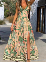 V-neck Printed Sleeveless Slit Dress - Maxi Dresses - INS | Online Fashion Free Shipping Clothing, Dresses, Tops, Shoes - 23/06/2021 - 40-50 - color-green