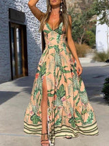 V-neck Printed Sleeveless Slit Dress - Maxi Dresses - INS | Online Fashion Free Shipping Clothing, Dresses, Tops, Shoes - 23/06/2021 - 40-50 - color-green