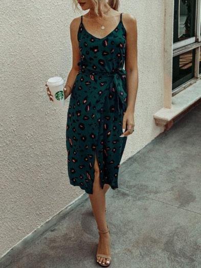 V-neck Printed Slit Suspender Skirt - Midi Dresses - INS | Online Fashion Free Shipping Clothing, Dresses, Tops, Shoes - 07/06/2021 - Color_Black - Color_Green