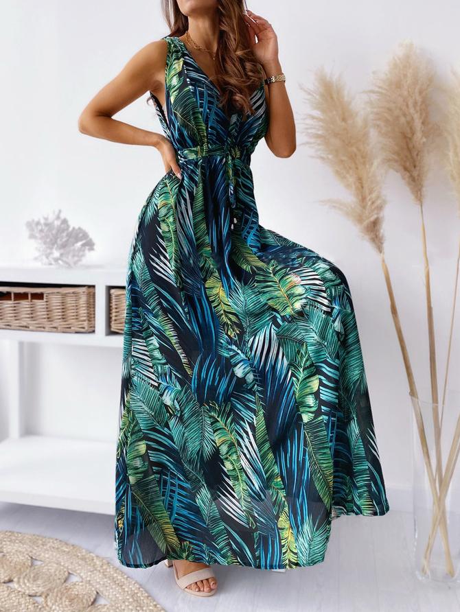 V Neck Printed Tie Maxi Dress - Maxi Dresses - INS | Online Fashion Free Shipping Clothing, Dresses, Tops, Shoes - 15/06/2021 - Color_Black - Color_Blue