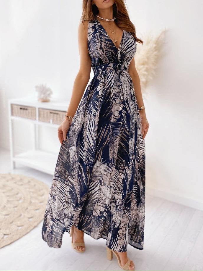 V Neck Printed Tie Maxi Dress - Maxi Dresses - INS | Online Fashion Free Shipping Clothing, Dresses, Tops, Shoes - 15/06/2021 - Color_Black - Color_Blue