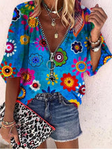 V-Neck Printed Zipper Five-Quarter Sleeves Blouses - Blouses - INS | Online Fashion Free Shipping Clothing, Dresses, Tops, Shoes - 02/07/2021 - 20-30 - BLO2107021144