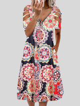 V-neck Printed Zipper Short-sleeved Dress - Mini Dresses - INS | Online Fashion Free Shipping Clothing, Dresses, Tops, Shoes - 05/06/2021 - Color_Blue - Color_Pink