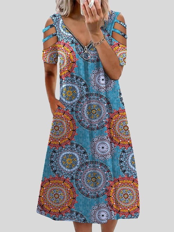 V-neck Printed Zipper Short-sleeved Dress - Mini Dresses - INS | Online Fashion Free Shipping Clothing, Dresses, Tops, Shoes - 05/06/2021 - Color_Blue - Color_Pink