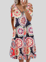V-neck Printed Zipper Short-sleeved Dress - Mini Dresses - INS | Online Fashion Free Shipping Clothing, Dresses, Tops, Shoes - 05/06/2021 - Color_Blue - Color_Pink