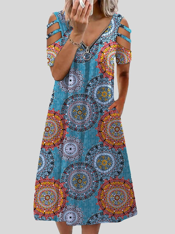 V-neck Printed Zipper Short-sleeved Dress - Mini Dresses - INS | Online Fashion Free Shipping Clothing, Dresses, Tops, Shoes - 05/06/2021 - Color_Blue - Color_Pink